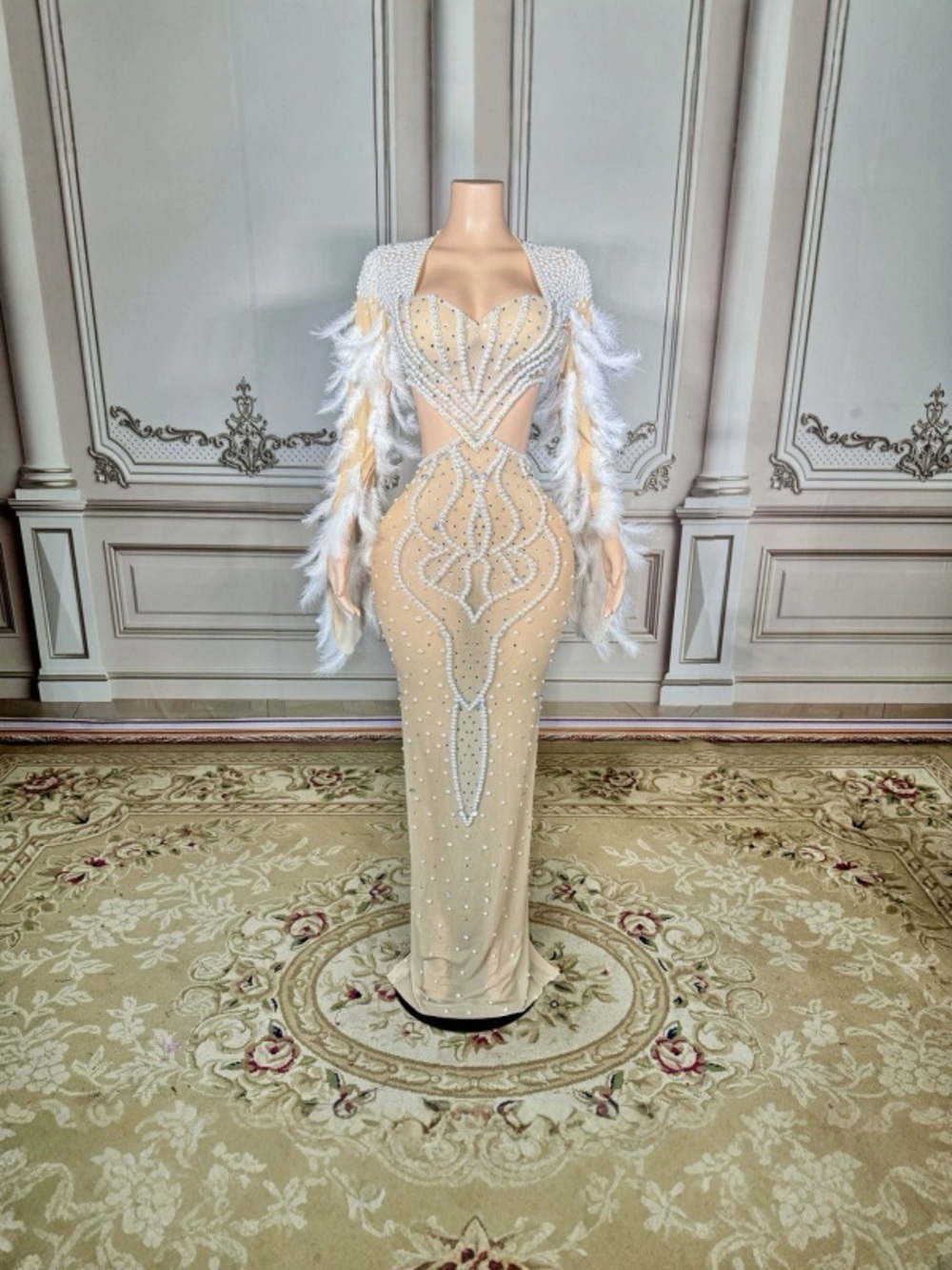 Nude Illusion Pearl & Crystal Feather Sleeve Evening Gown